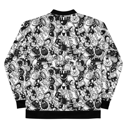 Joyful crowd of black and white doodle creatures Unisex Bomber Jacket. Back view