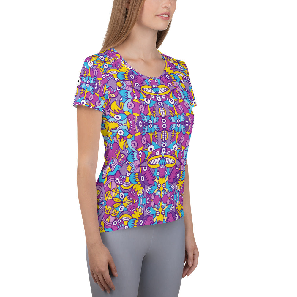 Doodle art compulsion is out of control All-Over Print Women's Athletic T-shirt. Side view