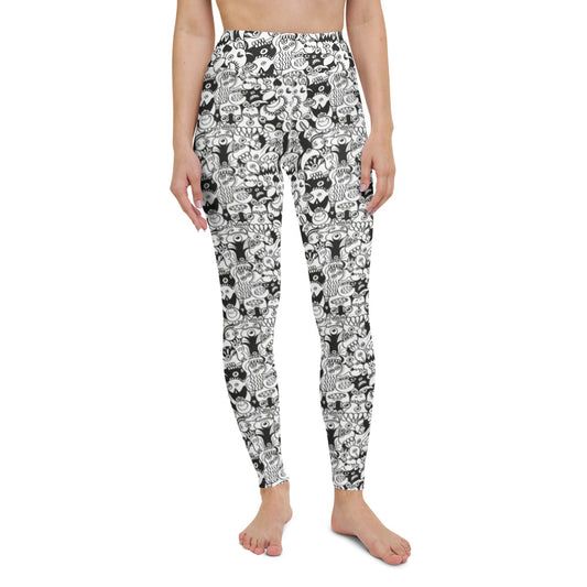 Black and white cool doodles art Yoga Leggings. Front view