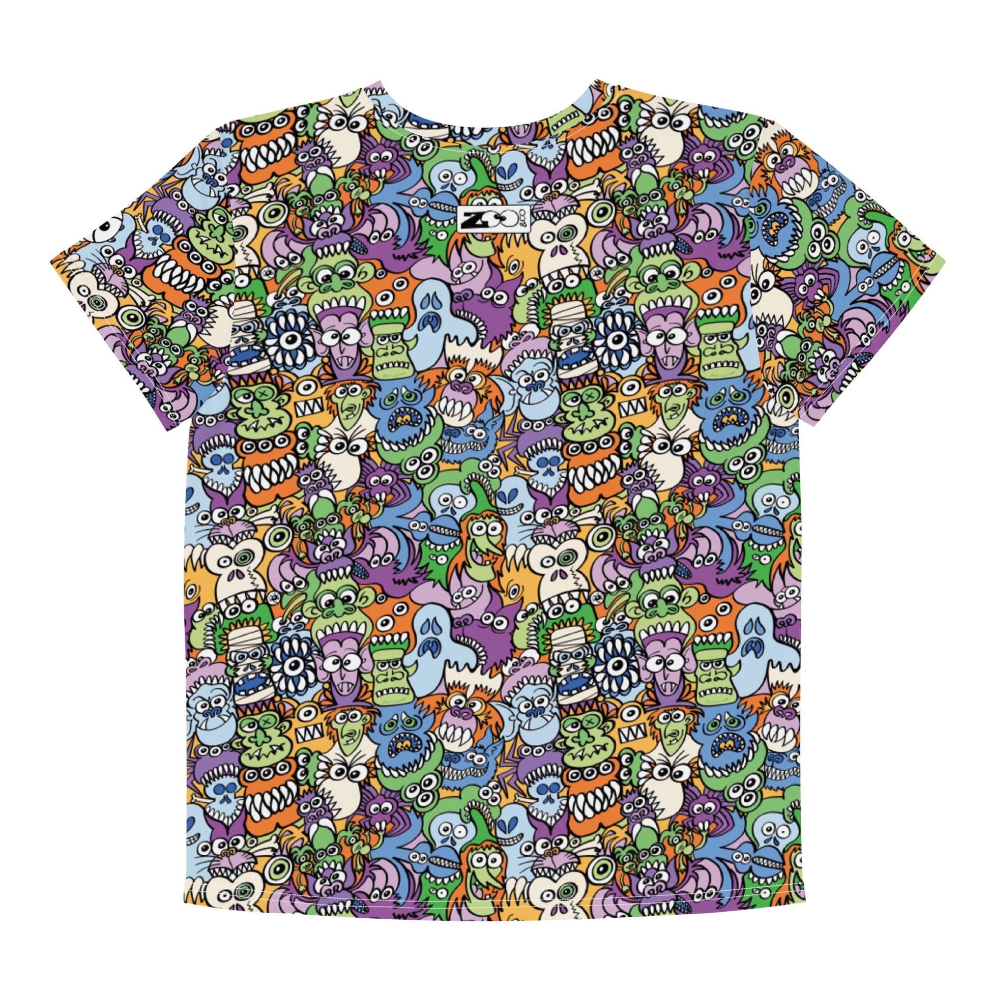 All the spooky Halloween monsters in a pattern design Youth crew neck t-shirt. Back view
