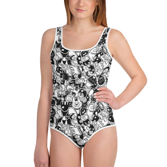 Joyful crowd of black and white doodle creatures All-Over Print Youth Swimsuit. Front view