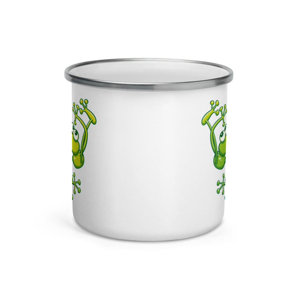 Cute frogs acrobatic kiss Enamel Mug. 12 oz. Front view