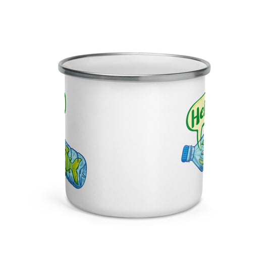Fish in trouble asking for help while trapped in a plastic bottle Enamel Mug. 12 oz. Front view