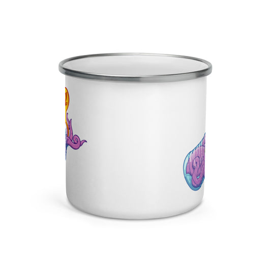 Octopus in trouble asking for help while trapped in a plastic bottle Enamel Mug. 12 oz. Front view