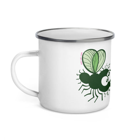 Funny houseflies kissing passionately Enamel Mug. Handle on left