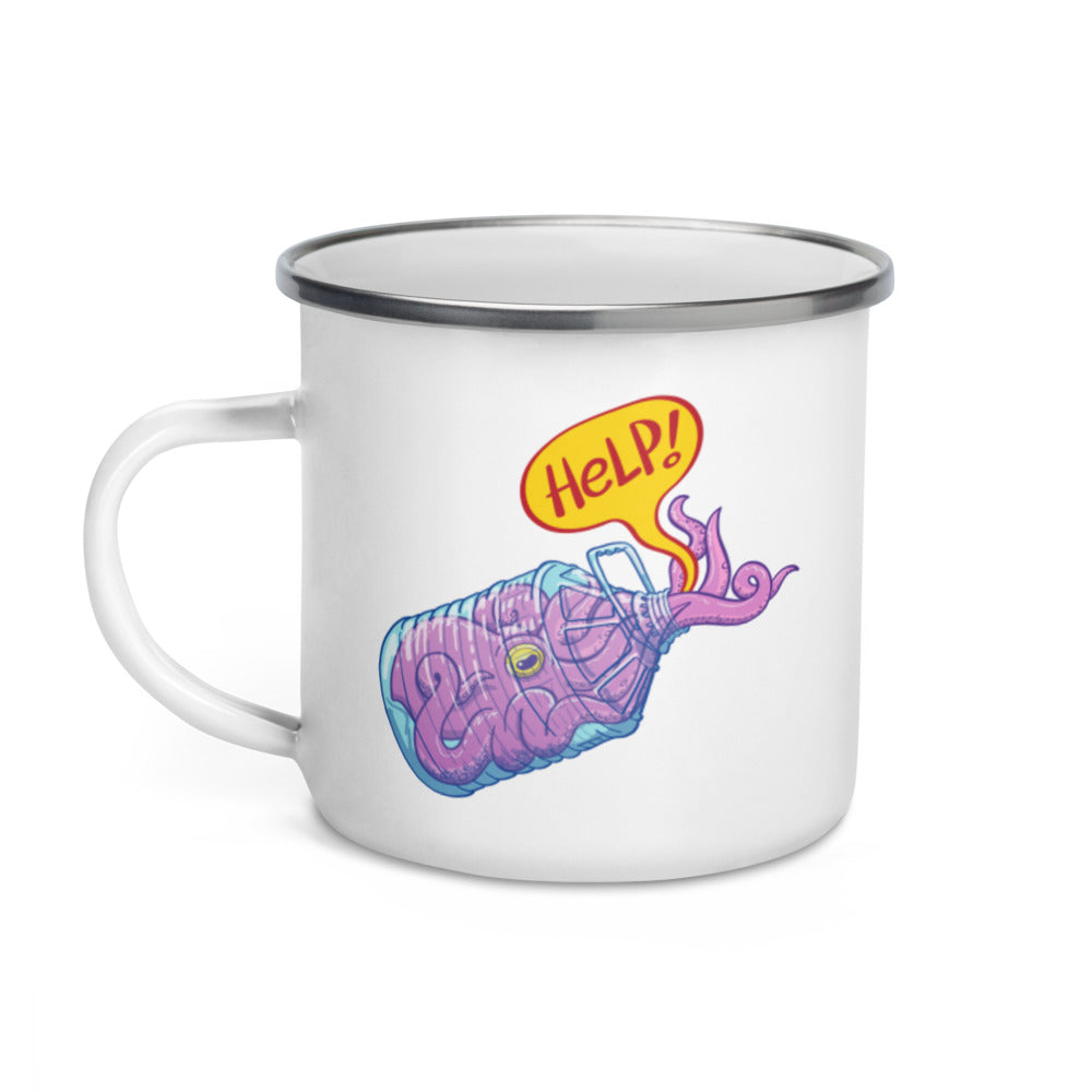 Octopus in trouble asking for help while trapped in a plastic bottle Enamel Mug. 12 oz. Handle on left