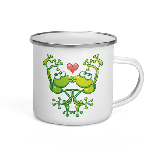 Cute frogs acrobatic kiss Enamel Mug. 12 oz. Handle on right