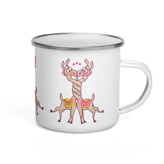 Cute llamas in love intertwining necks and kissing Enamel Mug. 12 oz. Handle on right