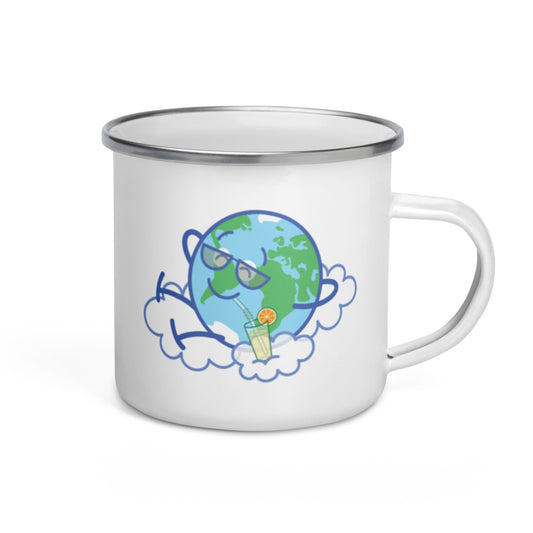 Cool Earth taking a break Enamel Mug. Handle on right