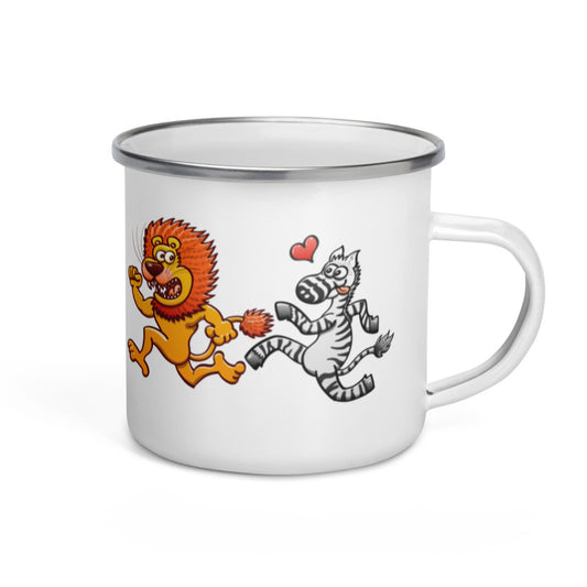 Zebra in love running after a lion Enamel Mug. 12 oz. Handle on right