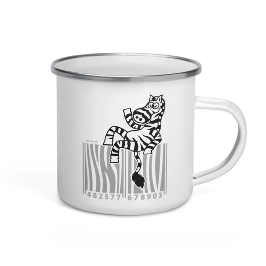 Cool zebra waving while sitting on a barcode Enamel Mug. 12 oz. Handle o right