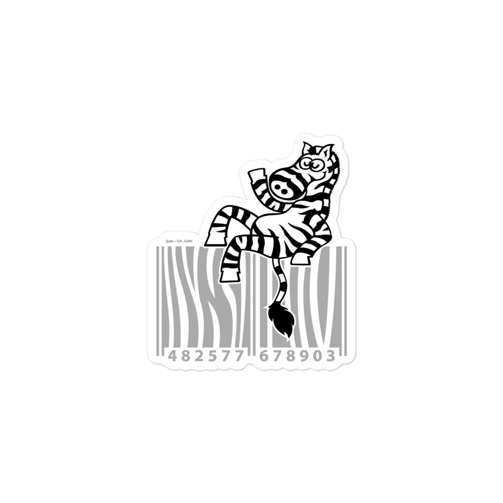 Zebra waving while seated on a barcode Bubble-free stickers. 3 x 3