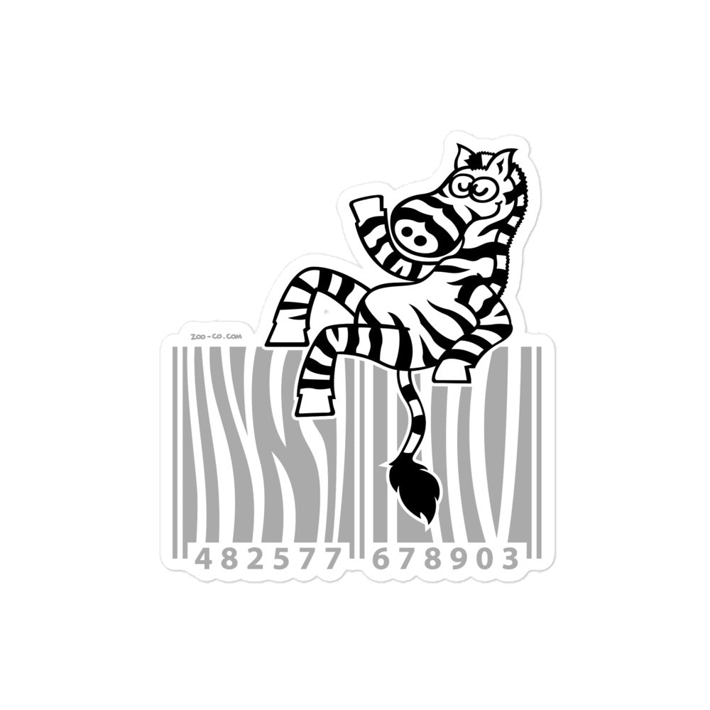 Zebra waving while seated on a barcode Bubble-free stickers. 4 x 4