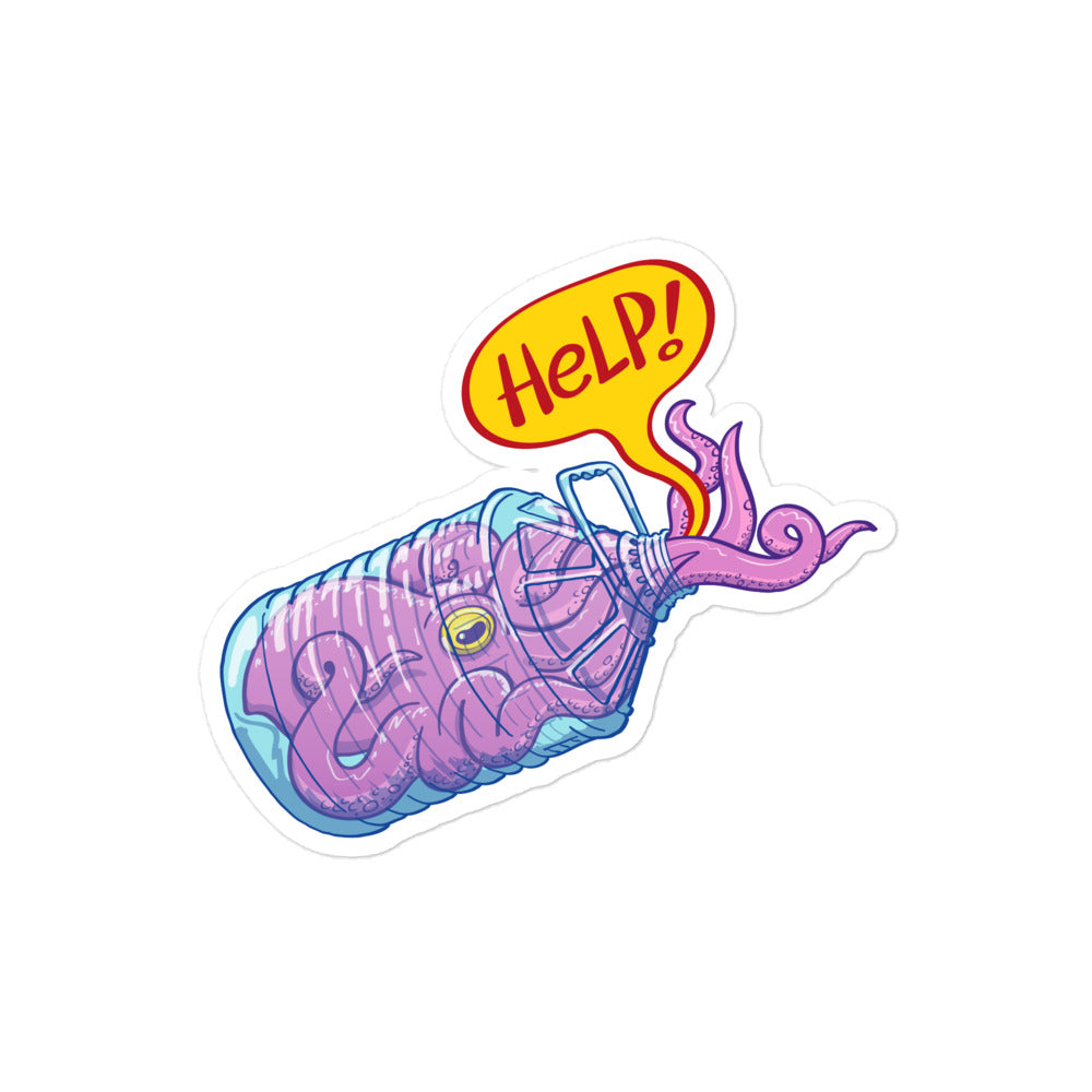Octopus in trouble asking for help while trapped in a plastic bottle Bubble-free stickers
