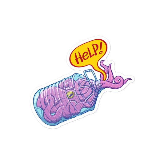 Octopus in trouble asking for help while trapped in a plastic bottle Bubble-free stickers