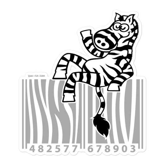 Zebra waving while seated on a barcode Bubble-free stickers. 5.5 x 5.5