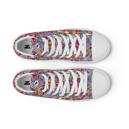 Exquisite corpse of doodles in a pattern design Men’s high top canvas shoes. Top view