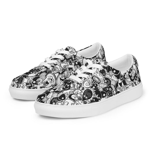 Joyful crowd of black and white doodle creatures Men’s lace-up canvas shoes. Overview
