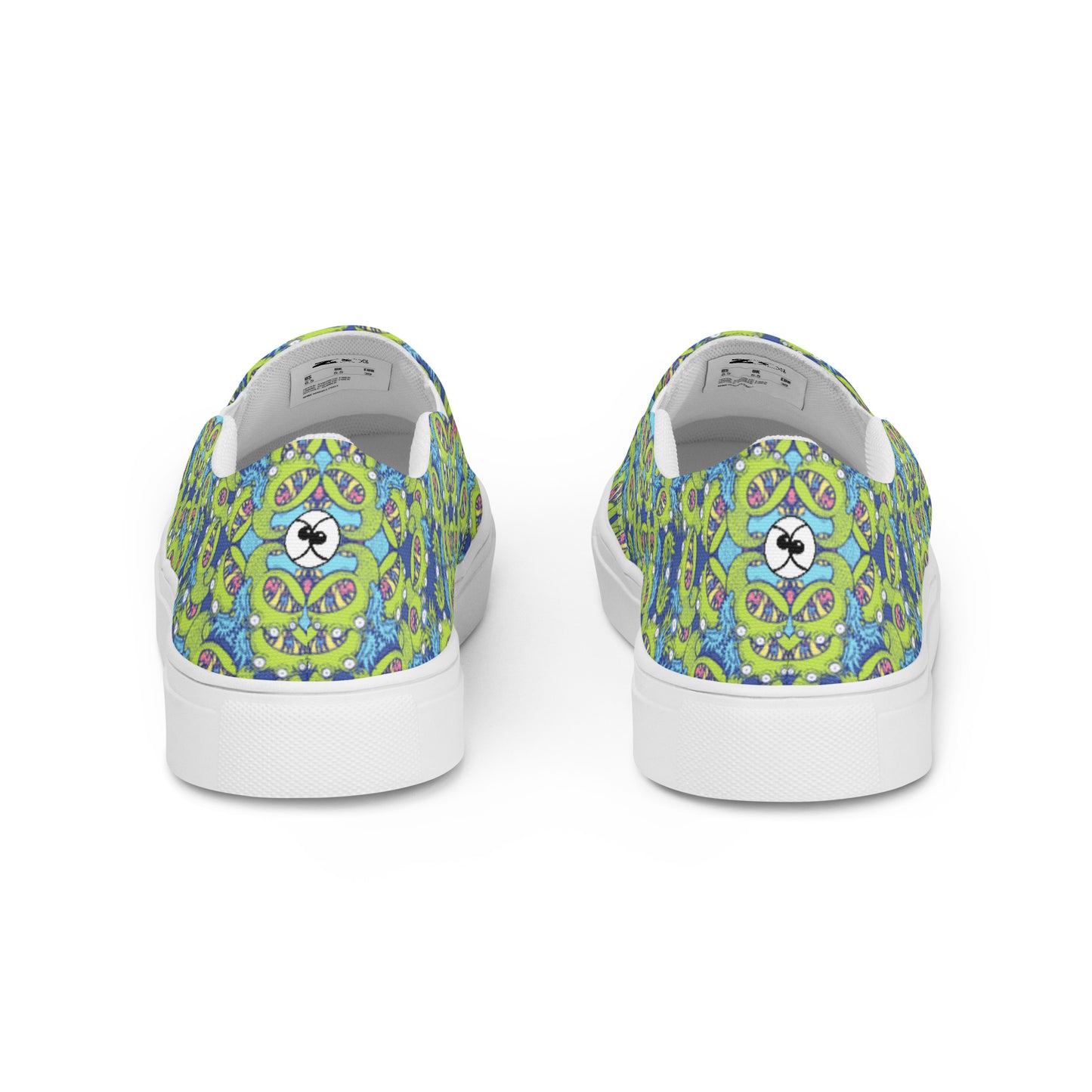 Winged little blue monster pattern art Men’s slip-on canvas shoes. Back view