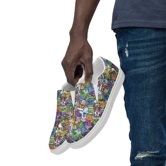 All the spooky Halloween monsters in a pattern design Men’s slip-on canvas shoes. Lifestyle