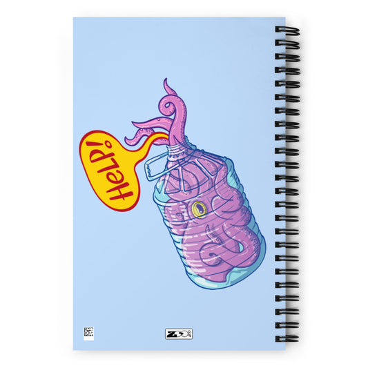 Octopus in trouble asking for help while trapped in a plastic bottle Spiral notebook. Back view
