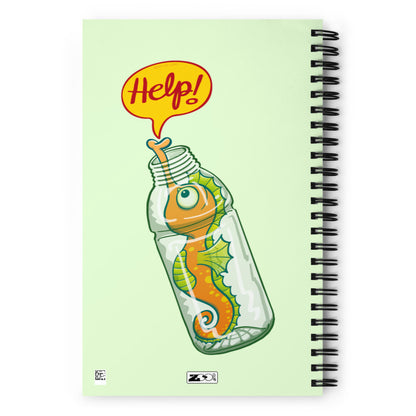 Seahorse in trouble asking for help while trapped in a plastic bottle Spiral notebook. Back view
