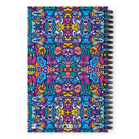 Whimsical design featuring multicolor critters from another world Spiral notebook. Back view