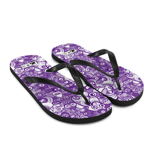 Fabulous blue critters doodle art Flip-Flops. Overview