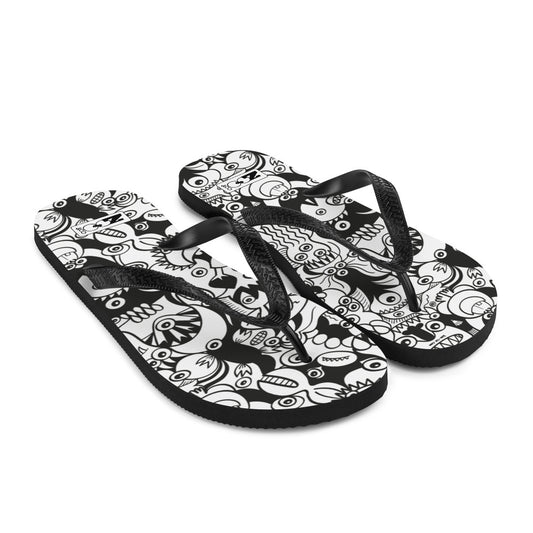 Black and white cool doodles art Flip-Flops. Overview