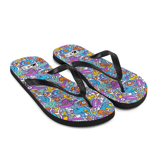 Funny multicolor doodle world Flip-Flops. Overview