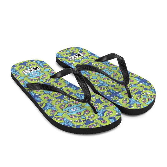 Winged little blue monster pattern art Flip-Flops. Overview