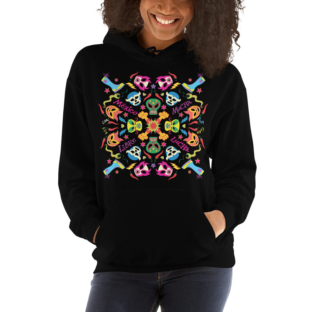 Smiling woman wearing Unisex Hoodie printed with Mexican wrestling colorful party