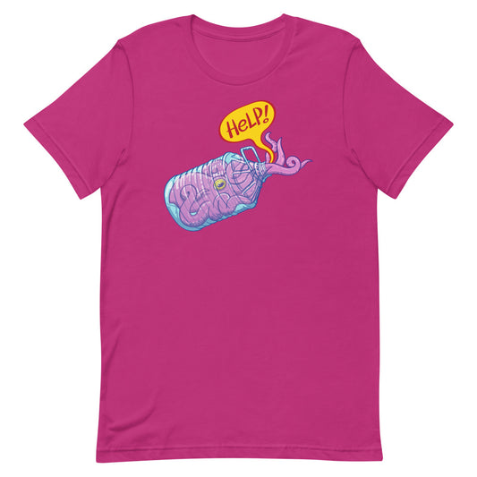 Octopus in trouble asking for help while trapped in a plastic bottle Unisex t-shirt. Berry. Front view