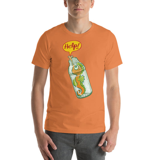 Young man wearing Unisex t-shirt printed with Seahorse in trouble asking for help while trapped in a plastic bottle. Burnt orange. Front view