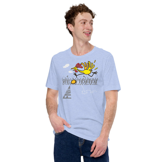Chicken or egg, scrambled forever, eternal dilemma Unisex t-shirt. Man wearing a heather blue model