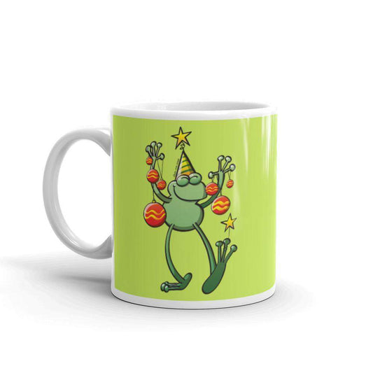 Green frog celebrating Christmas White glossy mug-White glossy mugs