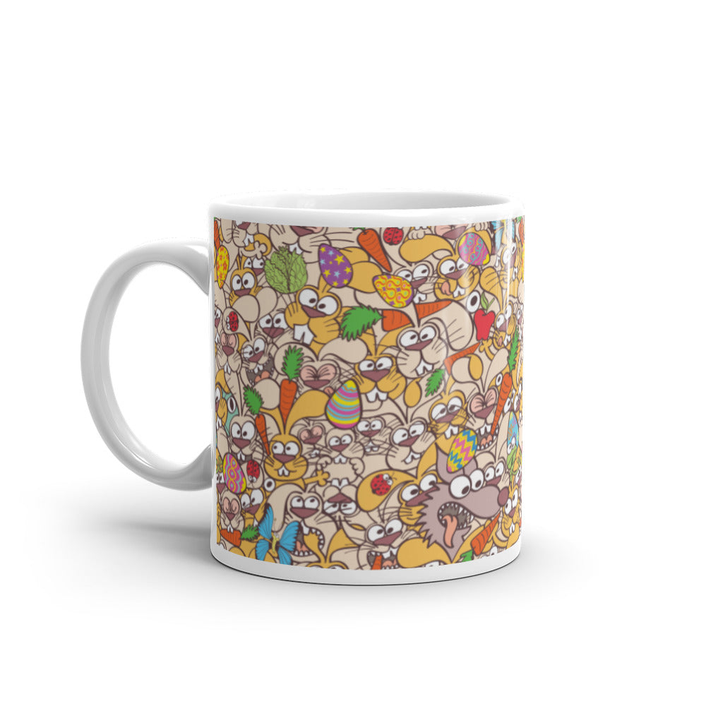 Thousands of crazy bunnies celebrating Easter White glossy mug. 11 oz. Handle on left