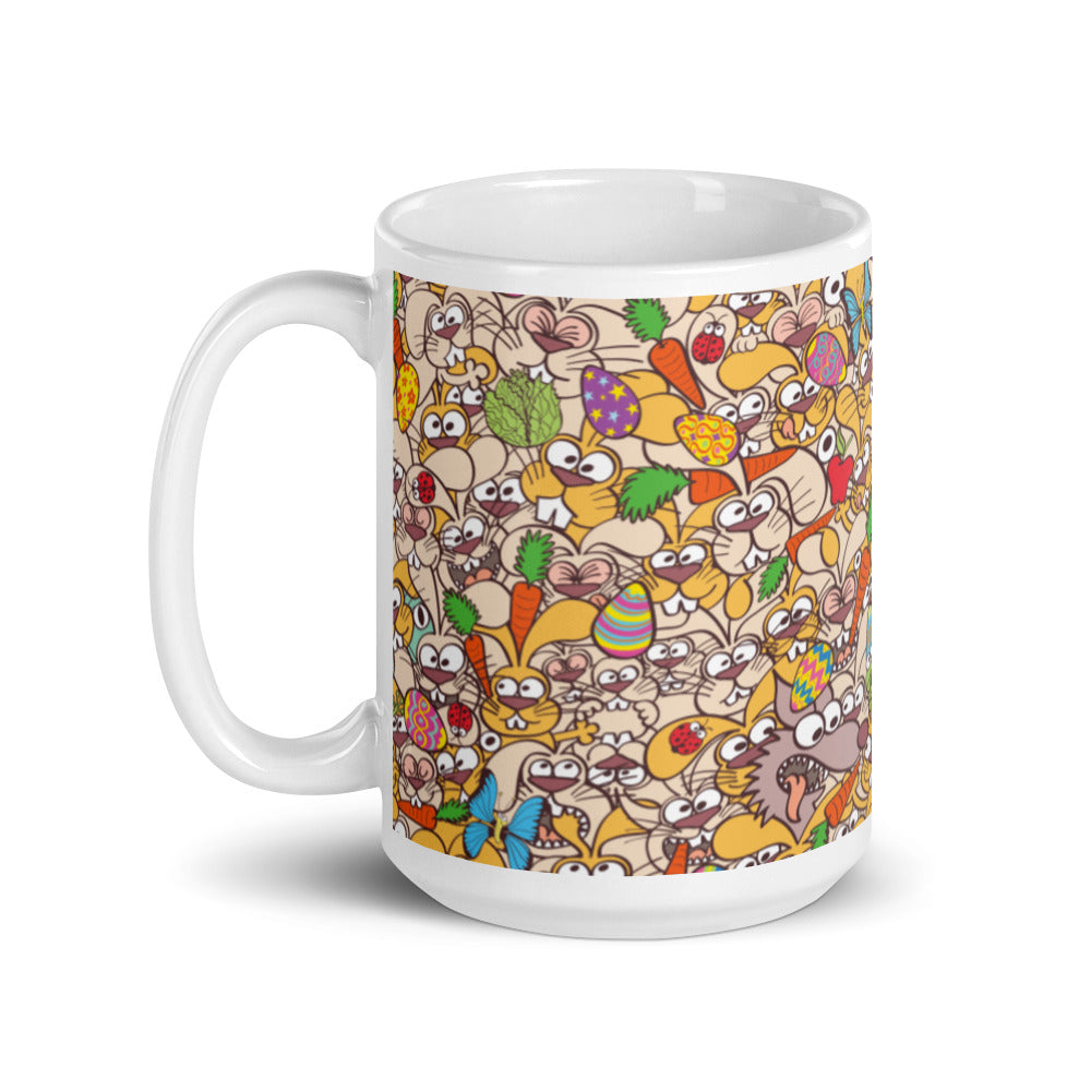 Thousands of crazy bunnies celebrating Easter White glossy mug. 15 oz. Handle on left