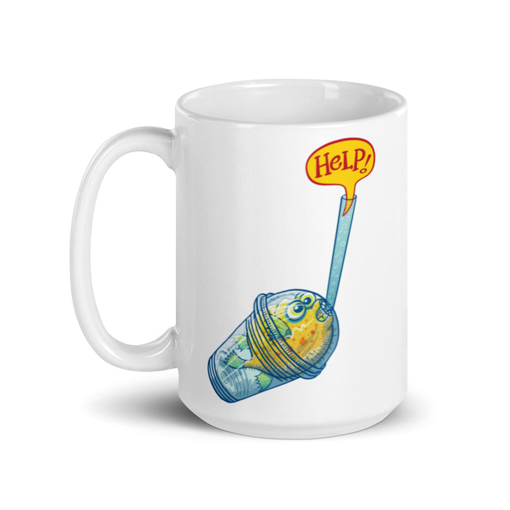Puffer fish in trouble asking for help while trapped in a plastic glass White glossy mug. 15 oz. Handle on left