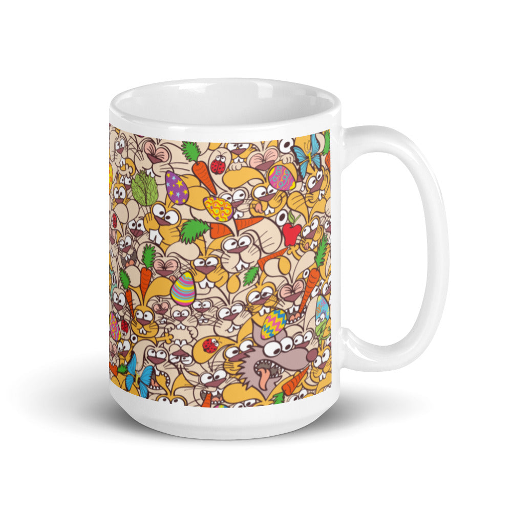 Thousands of crazy bunnies celebrating Easter White glossy mug. 15 oz. Handle on left