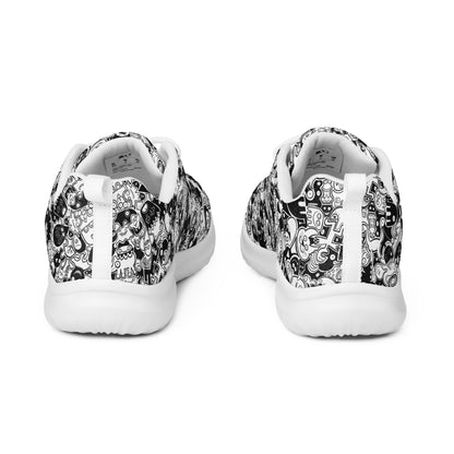 Joyful crowd of black and white doodle creatures Women’s athletic shoes. Back view