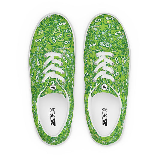 A tangled army of happy green frogs appears when the rain stops Women’s lace-up canvas shoes. Top view