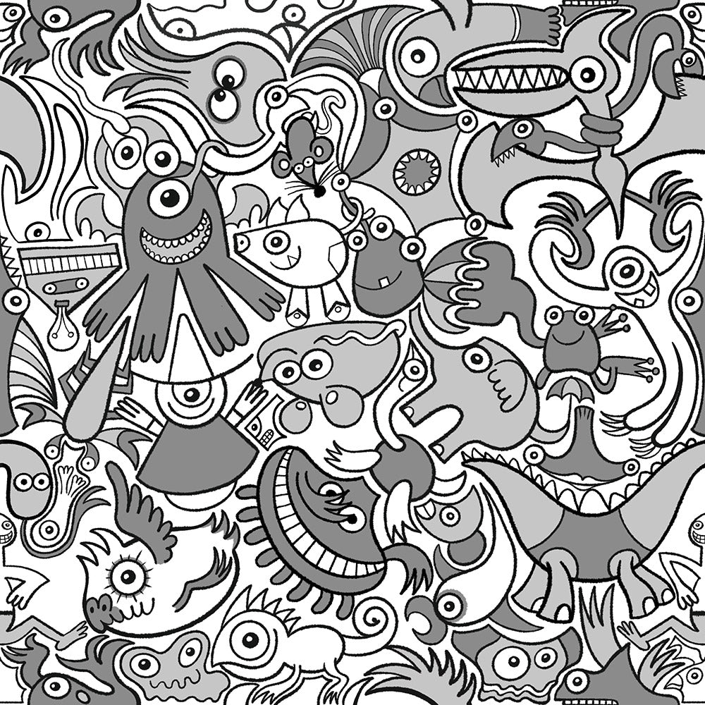 Awesome Doodle creatures in a variety of tones of gray pattern design