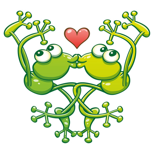 Romantic encounter of two cute frogs in an acrobatic kiss