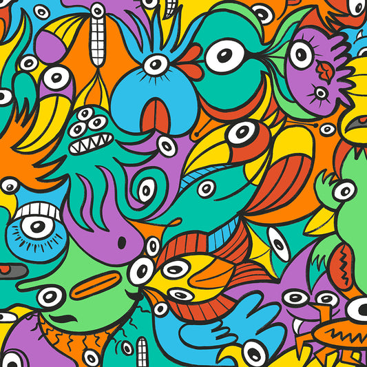 Fantastic doodle world full of weird creatures pattern design