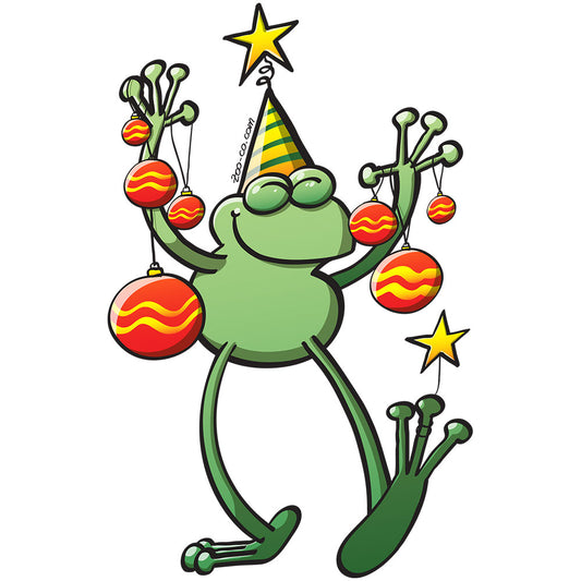 Happy green frog enthusiastically celebrating Christmas