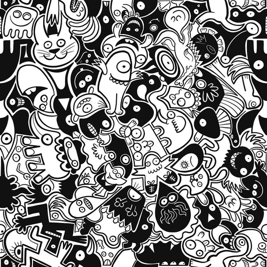 Joyful crowd of black and white doodle creatures