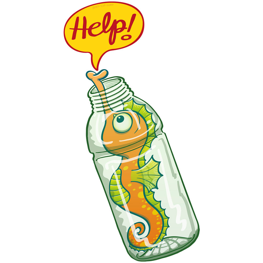 Seahorse in trouble asking for help while trapped in a plastic bottle