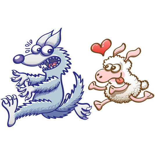 Sheep madly in love running after a scared wolf