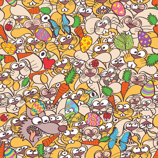 Thousands of crazy bunnies celebrating Easter in a pattern design